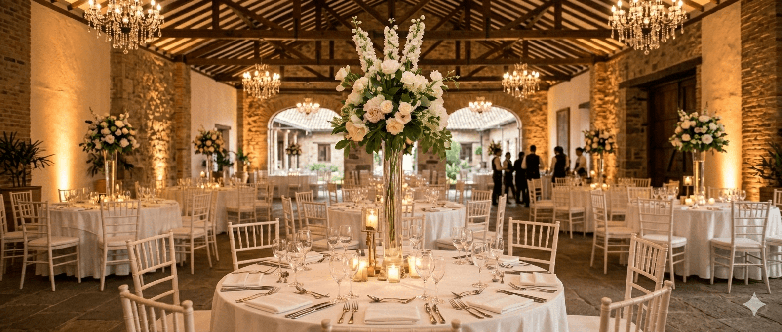 Salón campestre con iluminación cálida y mesas elegantes