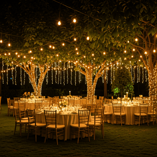 Boda al atardecer con luces y mesas decoradas